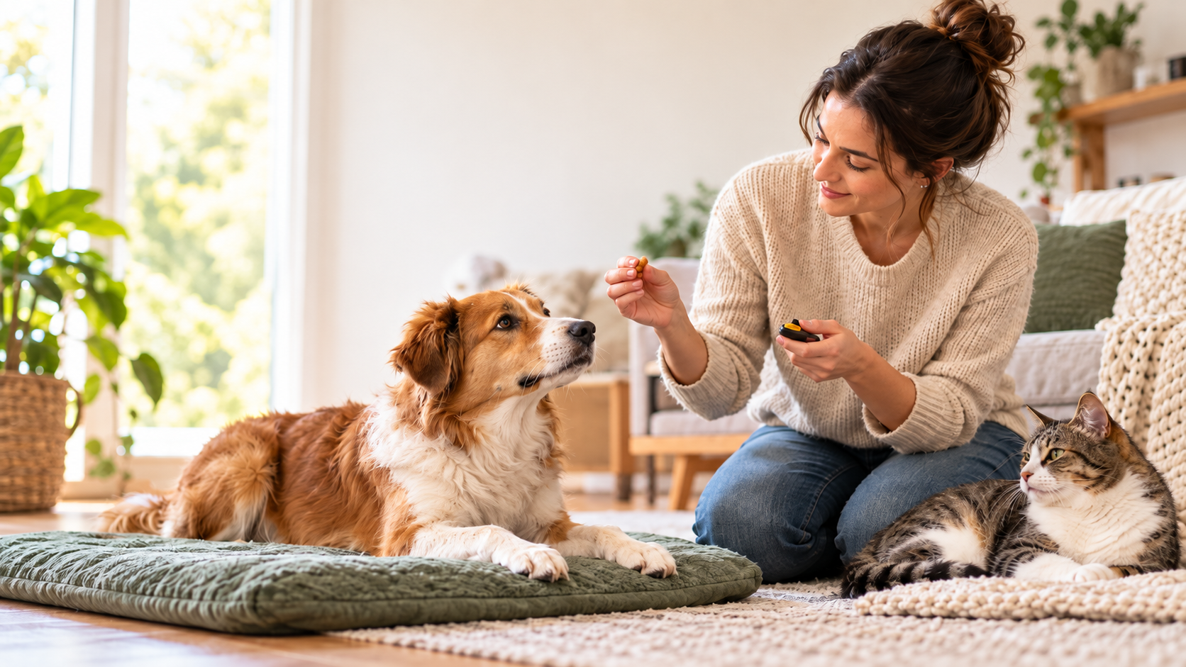 Cozy Pet Training in Sunlit Living Room